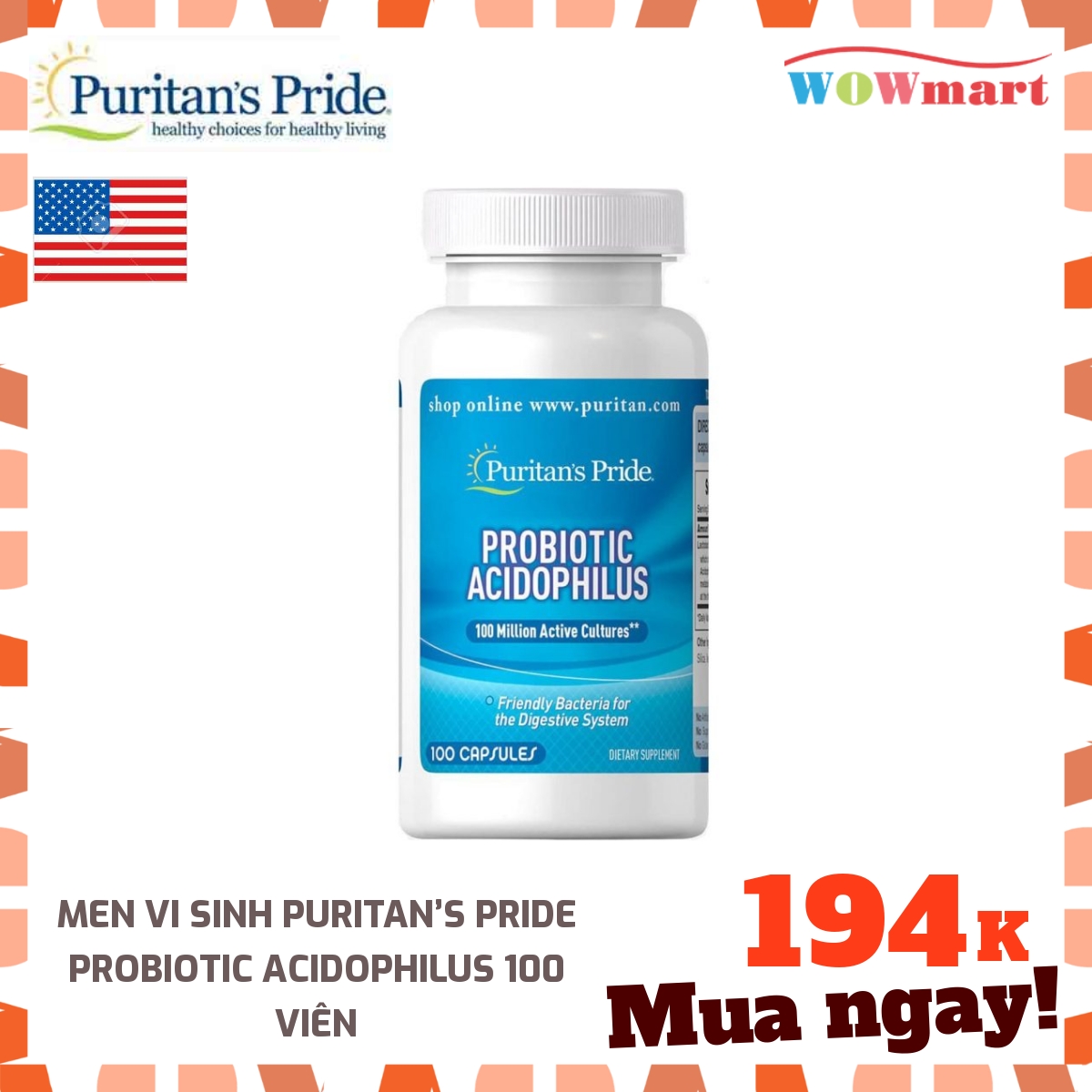 Men vi sinh Puritan’s Pride Probiotic Acidophilus 100 viên