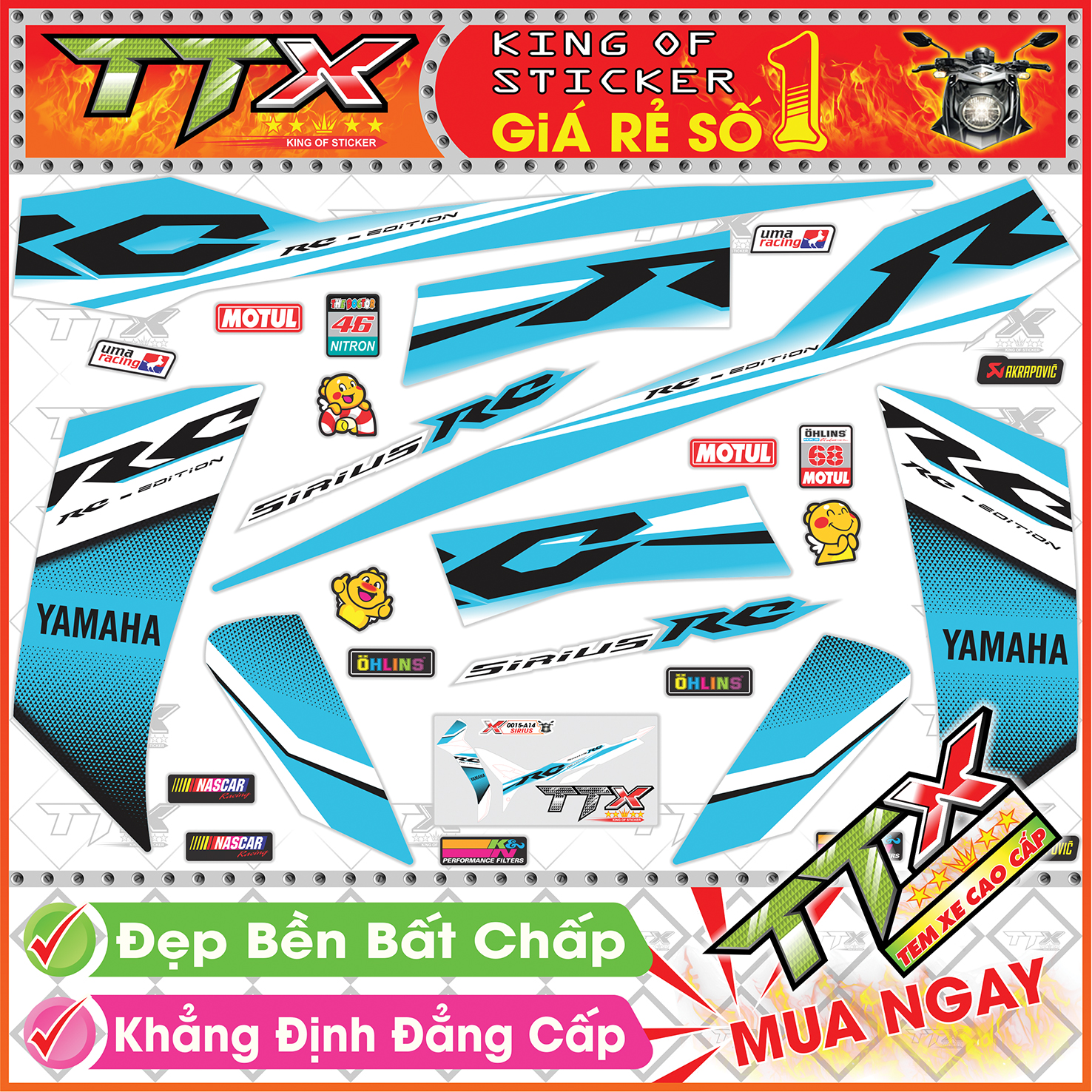 Tem xe sirius 110 trắng xanh - tem sirius rc chữ đen màu xanh trắng siêu đẹp - mẫu team sirius trắng xanh