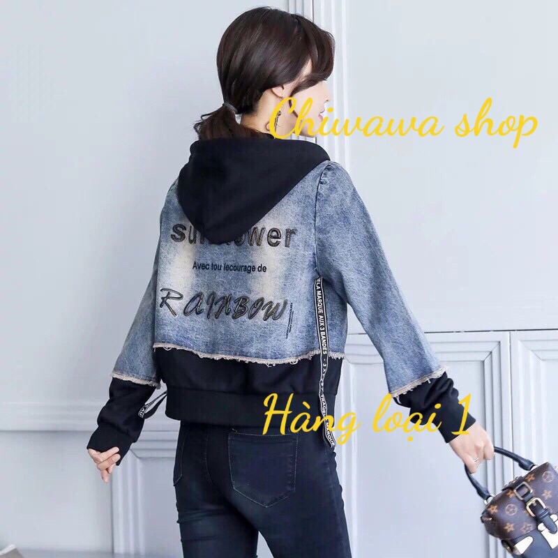 [HCM]Áo khoác jean nữ Rainbow - áo khoác jean denim nón nỉ đen dây kéo tốt hàng shop size L dưới 60Kg - XL dưới 70Kg