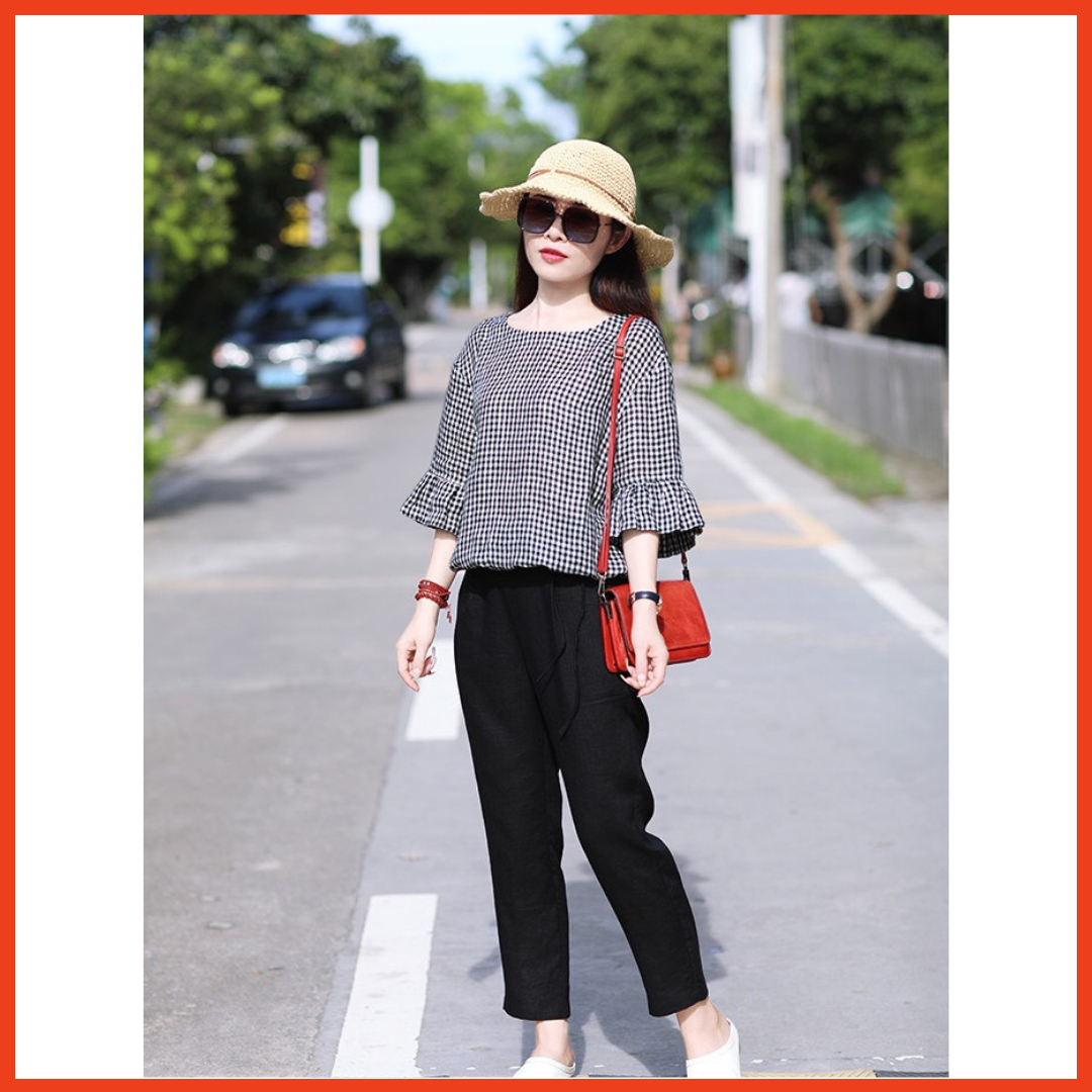 Set đồ nữ lửng trung niên style hàn quốc họa tiết caro dễ thương chất vải linen thoáng mát thấm hút mồ hôi