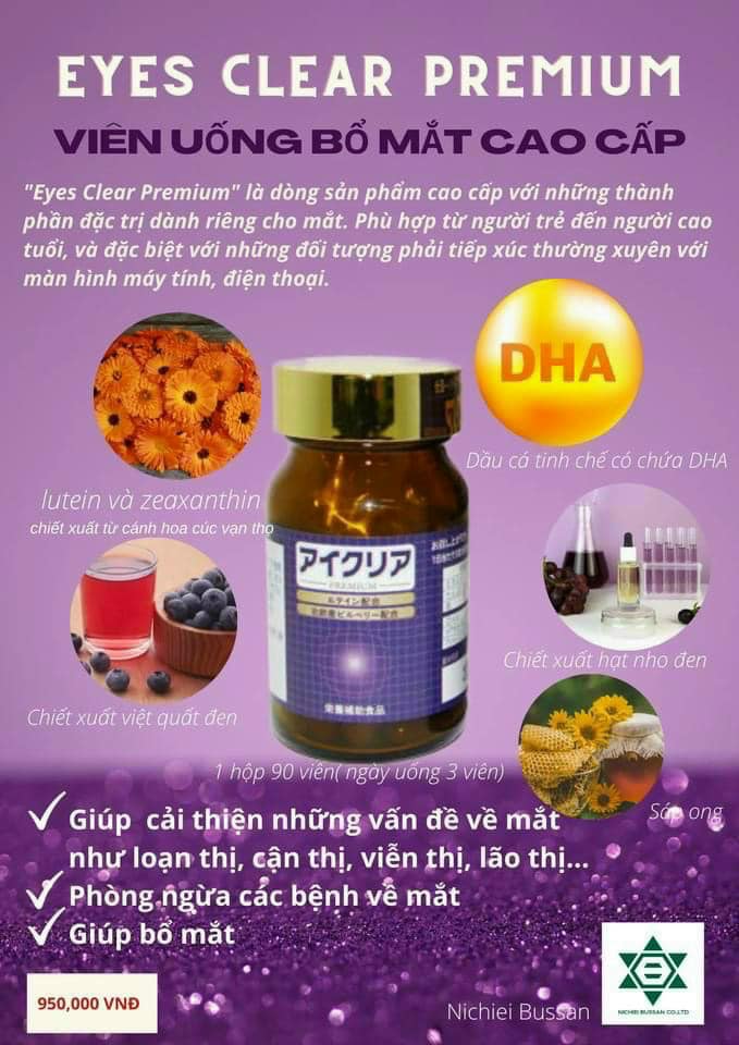 VIÊN UỐNG BỔ MẮT EYES CLEAR PREMIUM NICHIEI BUSSAN NHẬT BẢN 90 VIÊN - 17665 - - SẢN PHẨM CHẤT LƯỢNG CAO, ĐƯỢC YÊU THÍCH SĂN ĐÓN TRÊN THỊ TRƯỜNG HIỆN NAY, HÀNG ĐẢM BẢO DÙNG SIÊU THÍCH MỜI KHÁCH YÊU TRẢI NGHIỆM