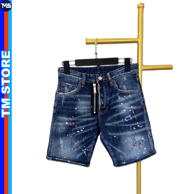 Quần short jean nam màu xanh trắng in họa tiết TMSTORE, chất vải jean co giãn mềm mịn - QSJTCS245