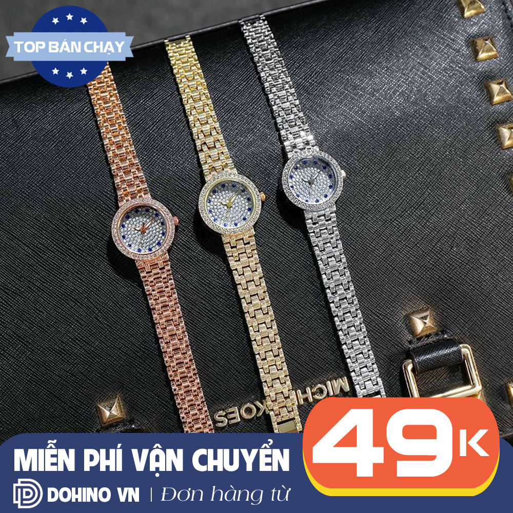Đồng hồ thời trang nữ DZG D162.DOHINO mặt tròn full hạt đá bling màu xanh, dây kim loại bền bỉ DZG