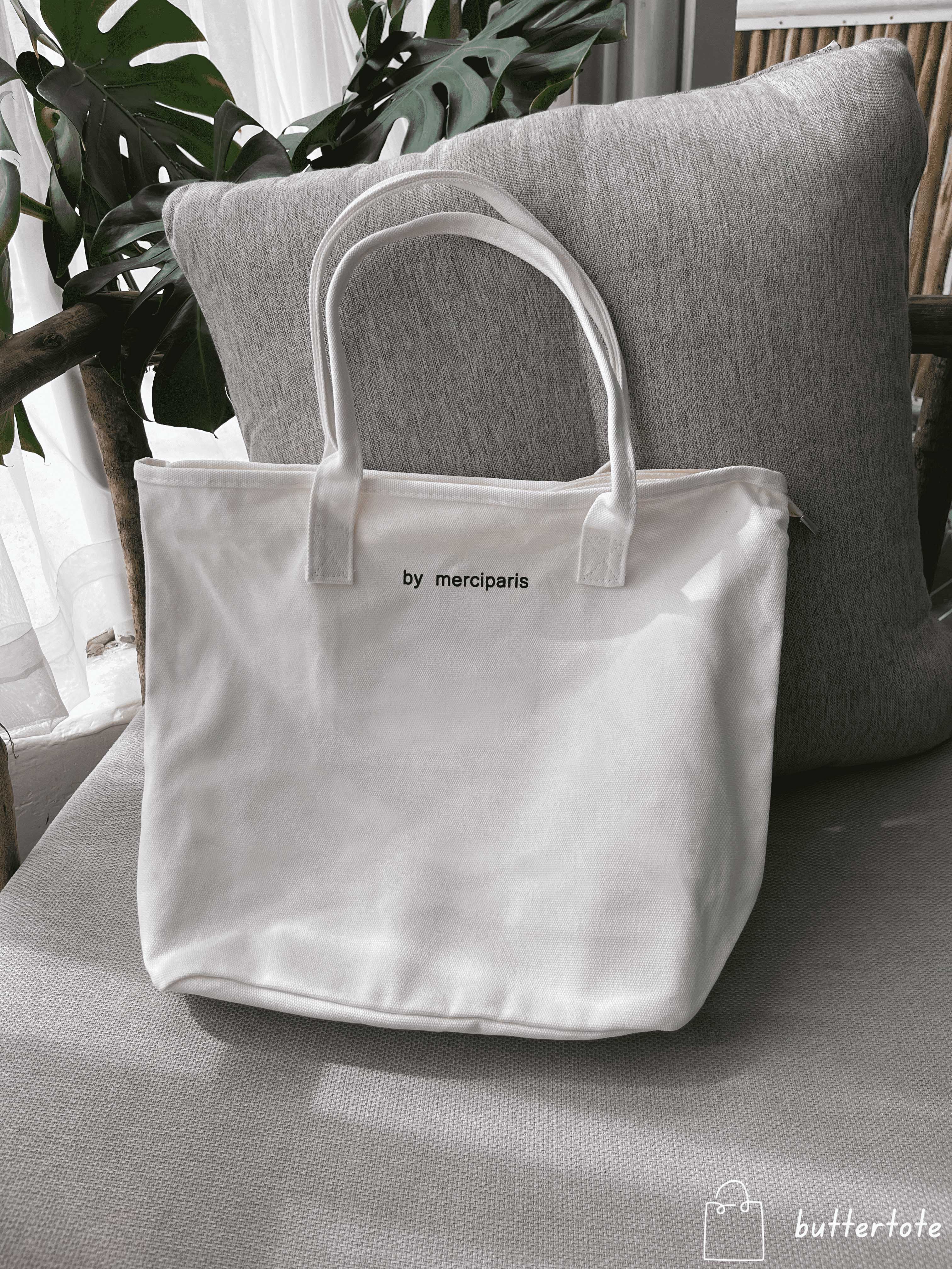 Túi tote vải canvas Merci Paris, có khóa kéo túi con