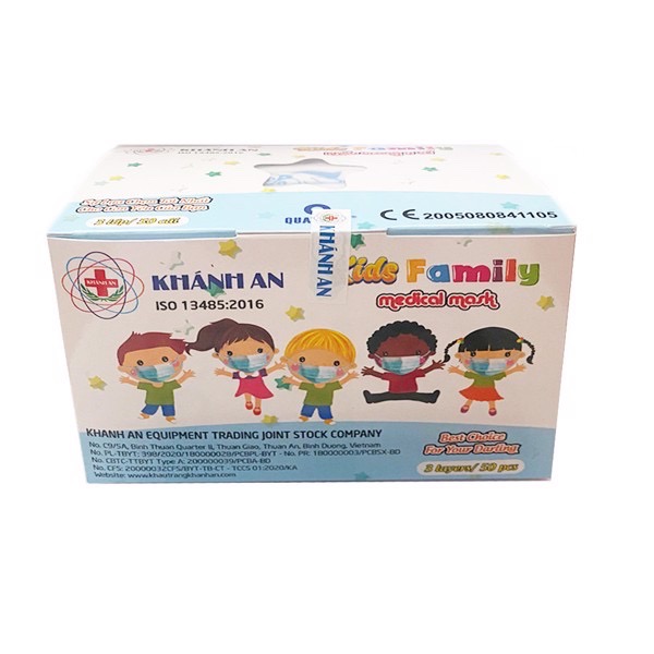 Khẩu trang trẻ em Khánh An Kids Family diệt khuẩn, ngăn virut cho bé từ 7 đến 12 tuổi hộp 50 cái.