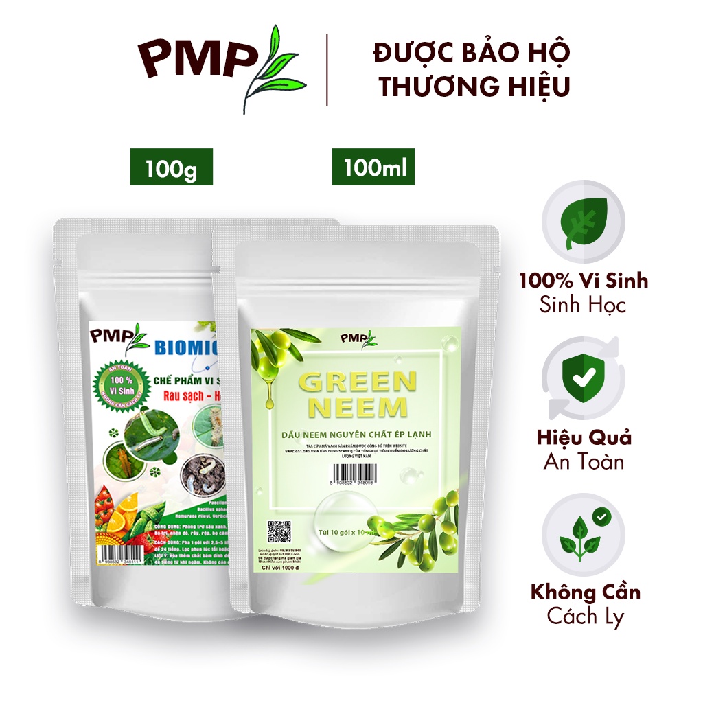 Combo chế phẩm vi sinh biomic & dầu green neem oil hữu cơ pmp cho hoa hồng, rau sạch, cây cảnh