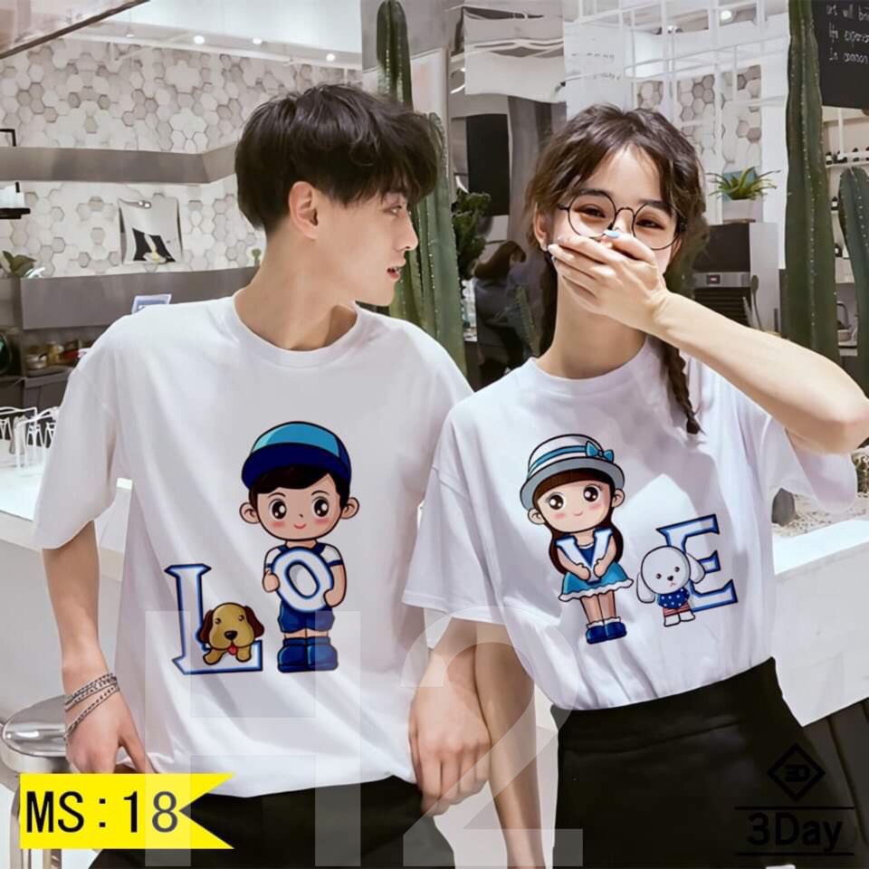 Áo thun cặp đôi nam nữ in cô bé cậu bé love, KIỀU ANH FASHION chuyên phối set quần áo, áo thun nam nữ, áo đôi, áo gia đình