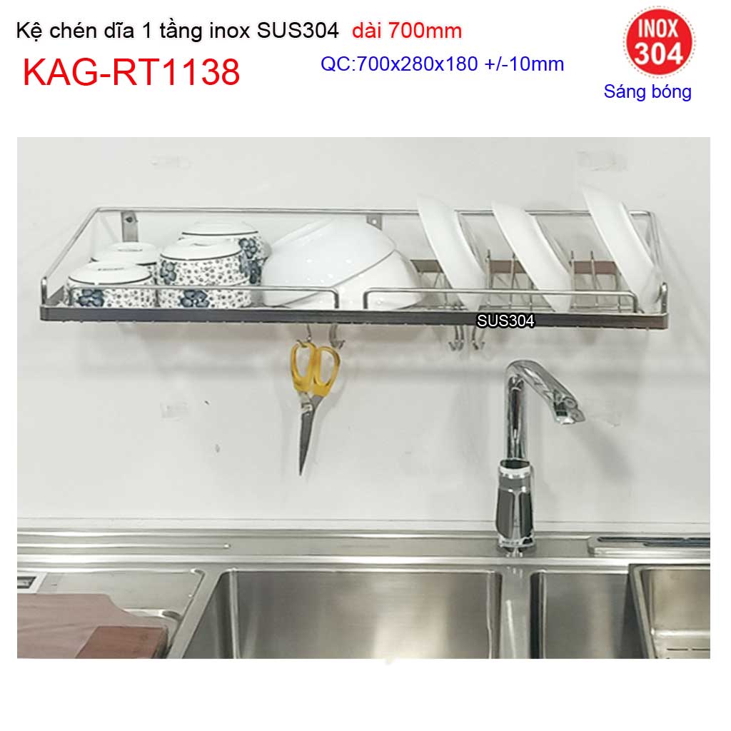Kệ đựng chén bát inox 304 kệ úp chén dĩa 1 tầng inox dài 70cm inox roca kag-rt1138