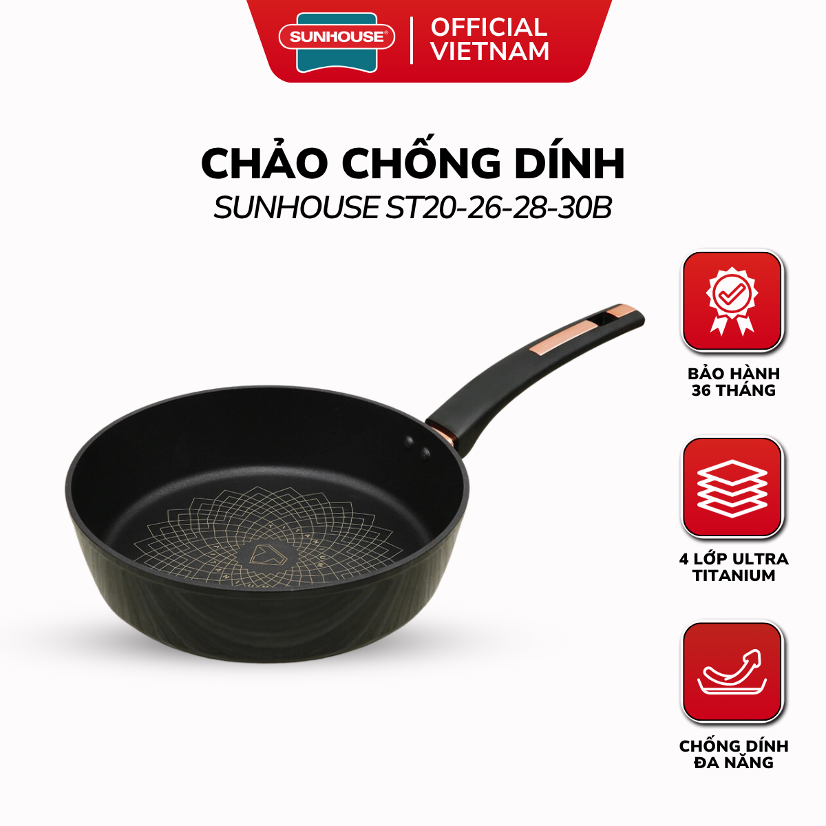  Chảo Chống Dính Ultra Titanium Sunhouse ST20B   ST26B   ST28B   ST30B - Bền Gấp 5 Lần Chảo Thường 