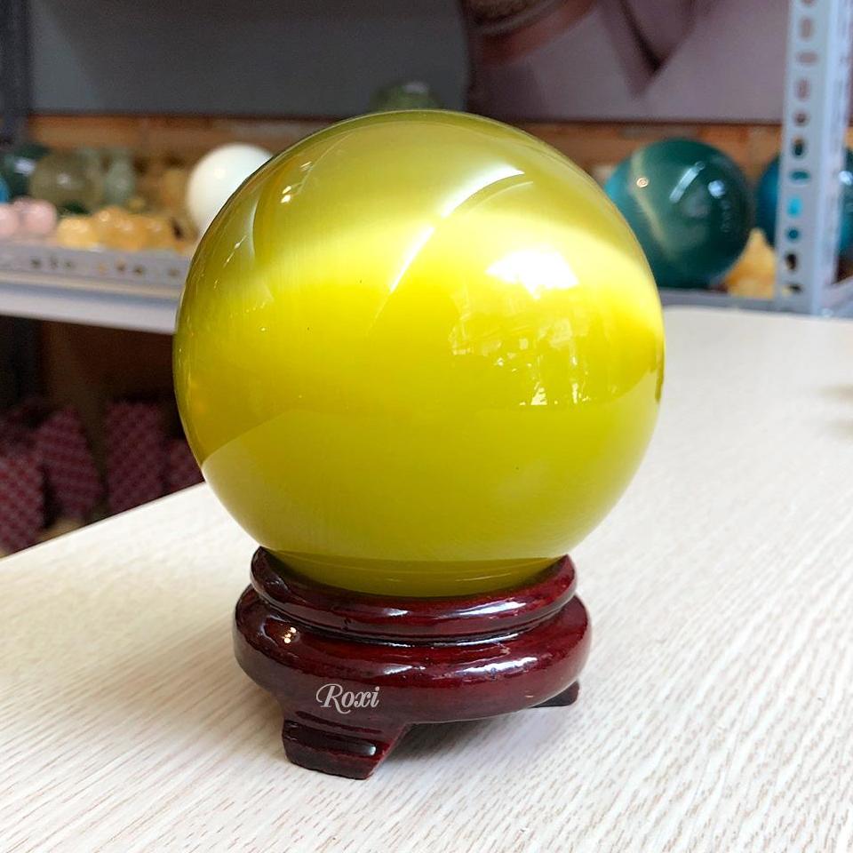 QUẢ CẦU PHONG THỦY ĐÁ MẮT MÈO VÀNG ĐƯỜNG KÍNH 8CM+ TẶNG KÈM CHÂN ĐẾ