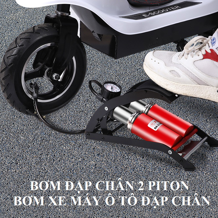 Bơm hơi đạp chân 2 piston bơm xe đạp xe máy ô tô cao cấp