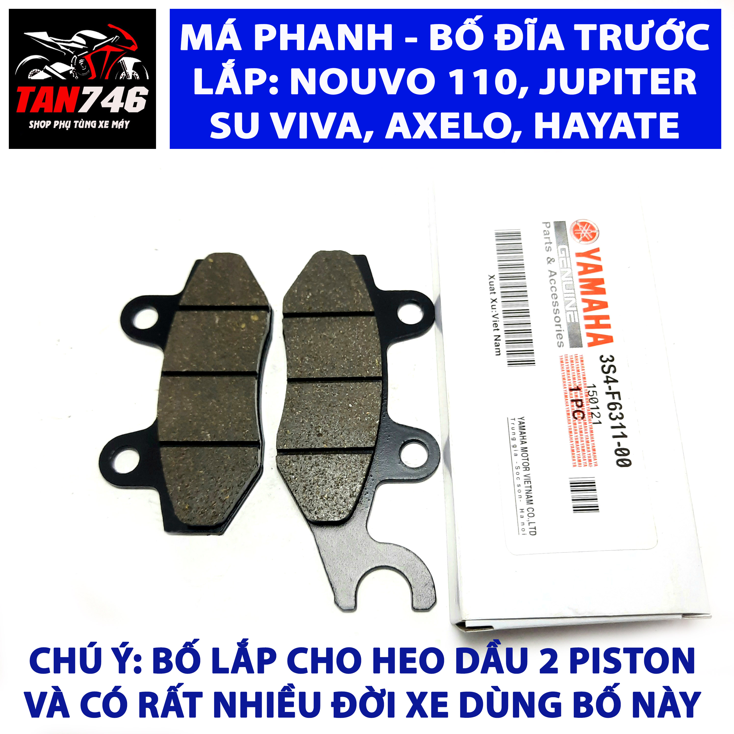 Má phanh. Bố thắng đĩa trước cho Nouvo 1,2,3, Jupiter, Exciter 135 loại 2 bít tông, Viva 1,2,R, Hayate, và một số dòng xe khác của Su và Ya. Sp chất lượng, hoàn thiện siêu nét, thông số chuẩn