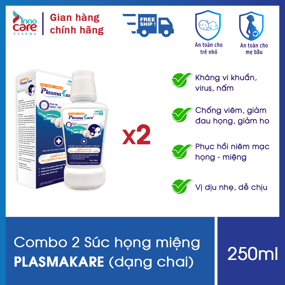 Combo 2 nước súc họng, nước súc miệng, súc họng miệng Nano Bạc PlasmaKare chai 250ml: Dịu họng, giảm ho, sạch đờm