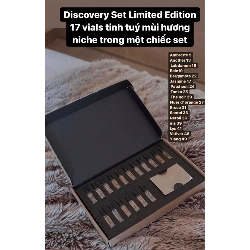 Set mini Discovery Set gồm 17 Vial x 1,5ml mùi hot nhất của Le Labo để lựa chọn mùi yêu thích nhất nhé!