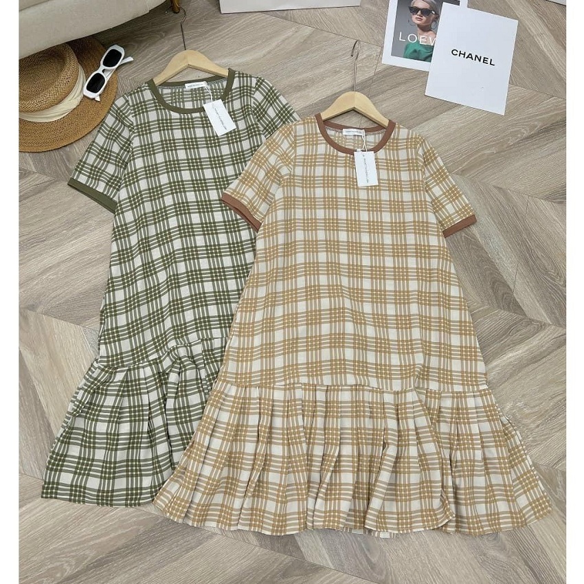 Đầm bầu, váy bầu kẻ xinh xắn cho mẹ bầu, cổ tròn, tay ngắn, dáng suông, chân váy xòe thoải mái cho mẹ bầu