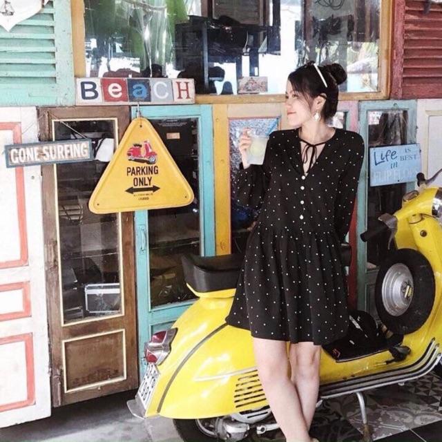 Babydoll bi đen nút trắng - Đầm nữ dự tiệc dạo phố dễ thương