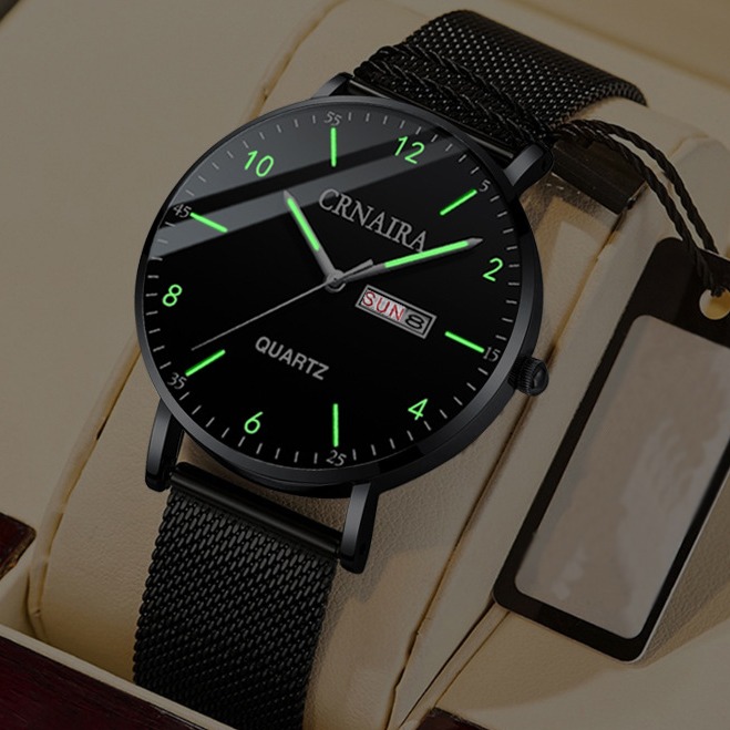 Đồng Hồ Nam CRNAIRA CR8989 Chạy 2 Lịch Doanh Nhân 2019 Dây Thép Mành Không Gỉ Cao Cấp