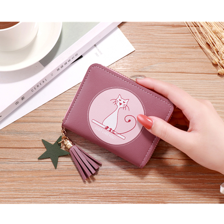 Ví nữ cầm tay ngắn đựng tiền mini bỏ túi tua rua hình mèo | Bóp gấp gọn vi cam tay nu dự tiệc đi học đi làm-VG44