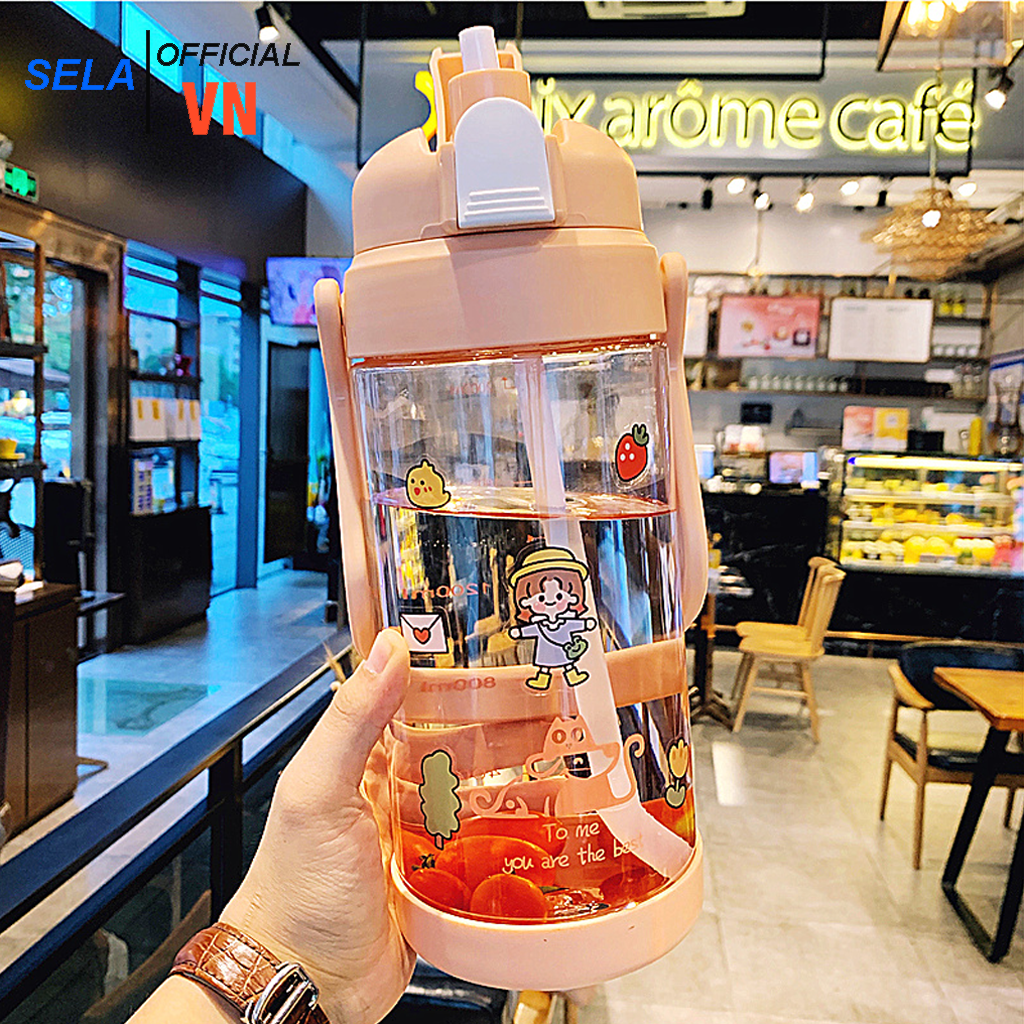 Bình nước dung tích lớn 2l nắp bật có ống hút, bình nước cute phô mai que kèm miếng dán sticker, bình nước 2l chống tràn tuyệt đối