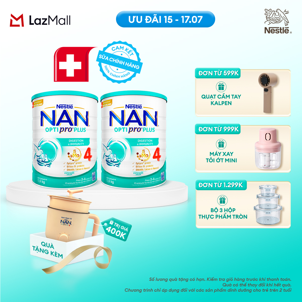 [CHỈ 15-17.07 QT ĐƠN 599K/999K/1299K][Tặng Nồi lẩu điện] Bộ 2 lon Sữa bột Nestlé NAN OPTIPRO PLUS 4 1500g/lon với 5HMO Giúp tiêu hóa tốt cho bé từ 2 - 6 tuổi Sữa công thức dinh dưỡng cho trẻ giúp hỗ trợ tiêu hóa, đề kháng, trí não và phát triển toàn
