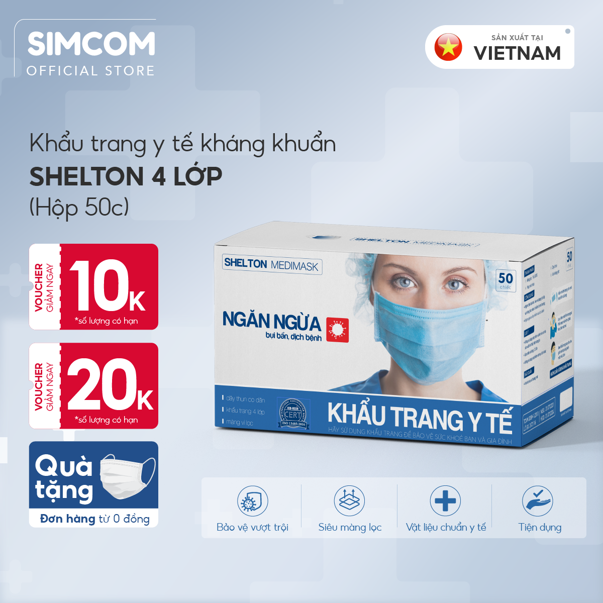 Combo 100 Khẩu Trang 4 lớp kháng khuẩn Shelton hàng chính hãng đạt tiêu chuẩn châu âu, mềm mại, , hộp 50 chiếc, tặng quà, Simcom