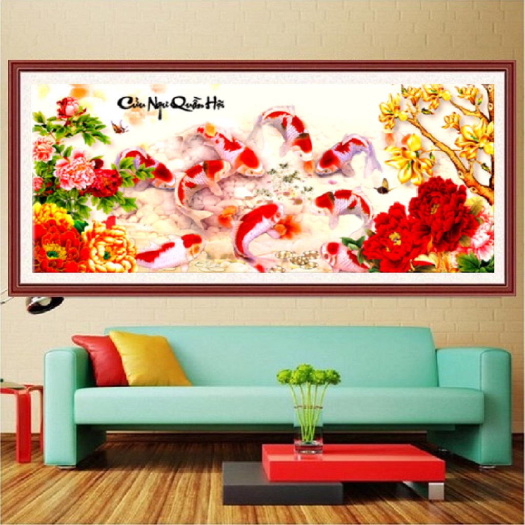 Tranh thêu chữ thập Cửu Ngư Quần Hội LV3274 (Tự Thêu)