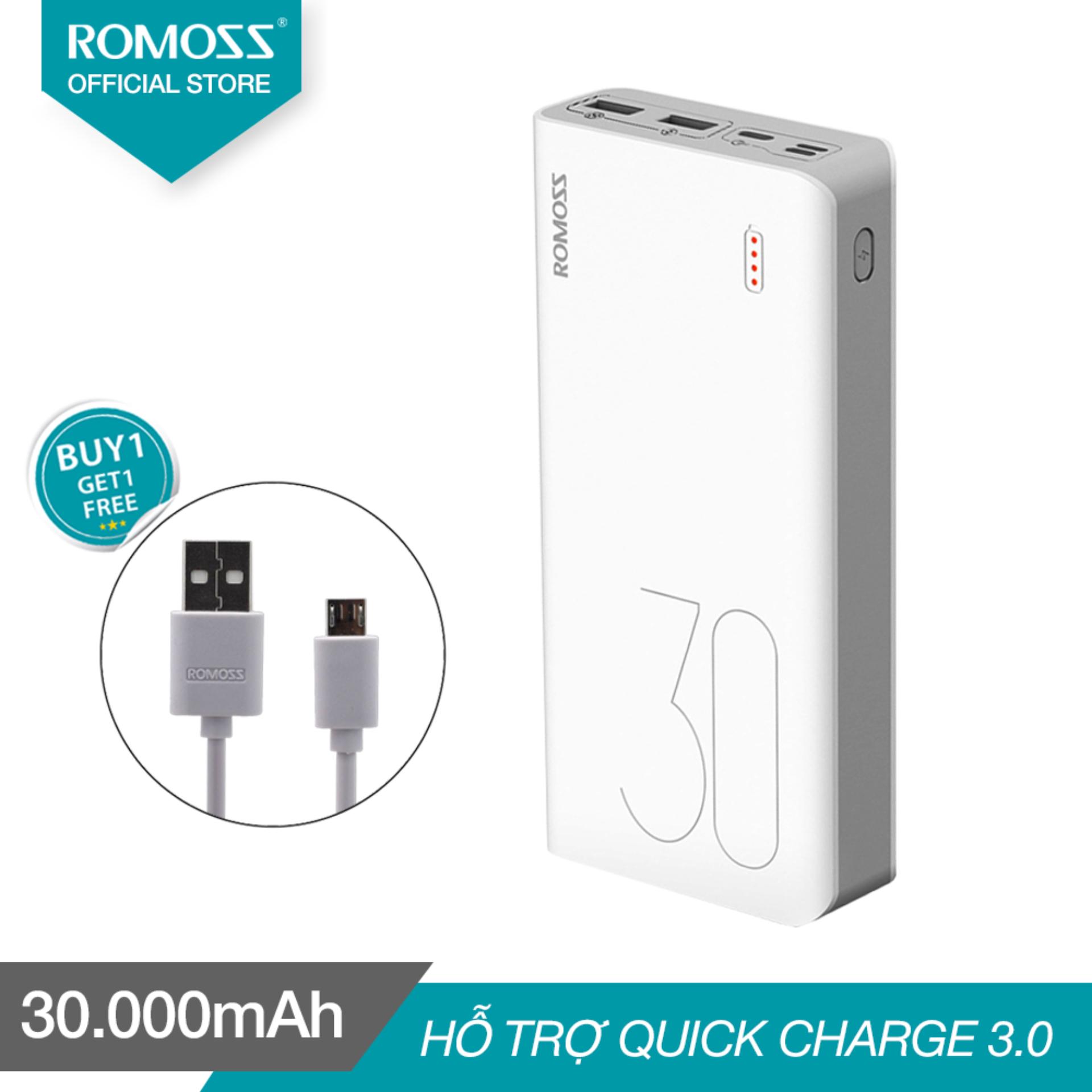 Pin sạc dự phòng 30.000mAh Romoss Sense 8 Plus hỗ trợ sạc nhanh 2 chiều tặng cáp micro USB tròn Romoss CB05