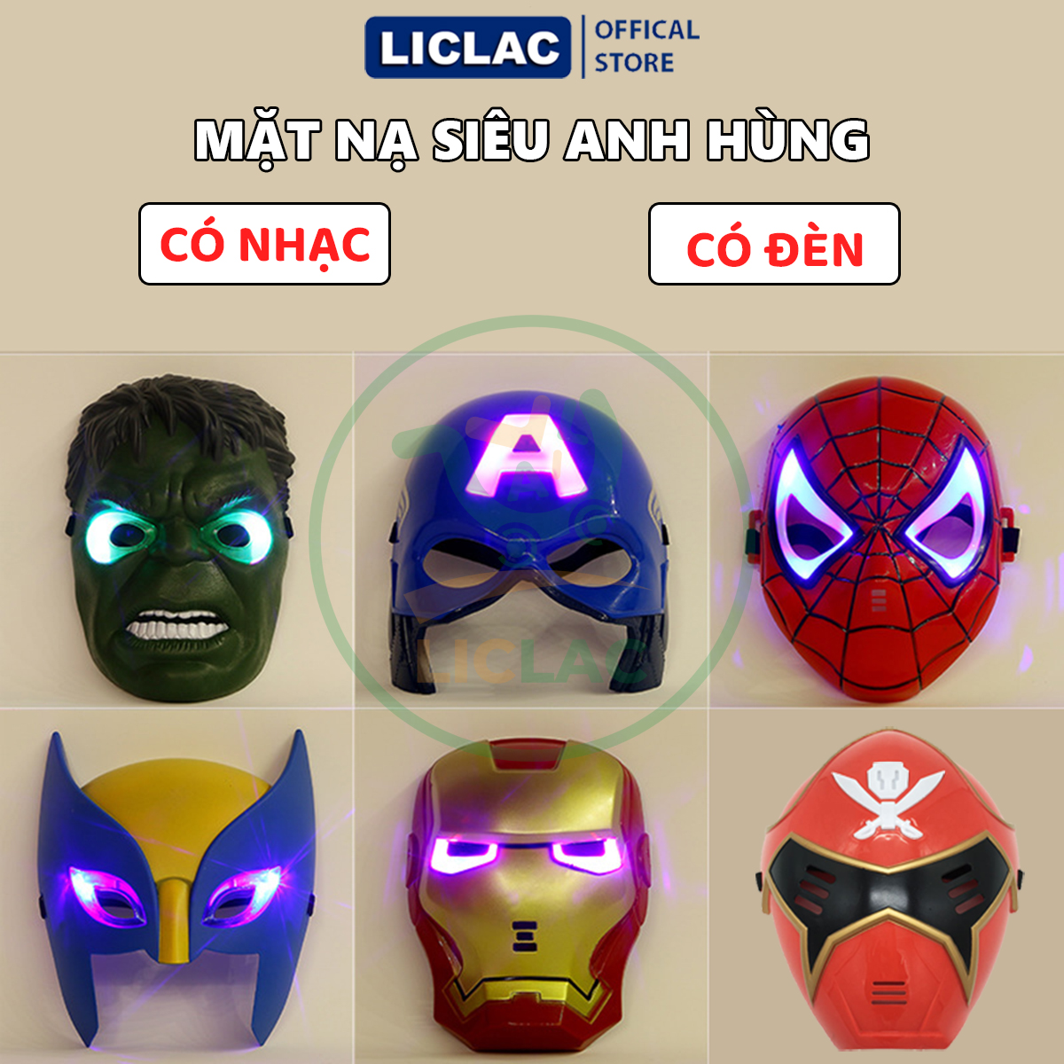 Mặt Nạ Siêu Anh Hùng CÓ ĐÈN VÀ NHẠC, Đồ chơi hóa trang Người Nhện, Iron Man, Hulk, Captain America, Thor, Robot, Siêu Nhân - LICLAC