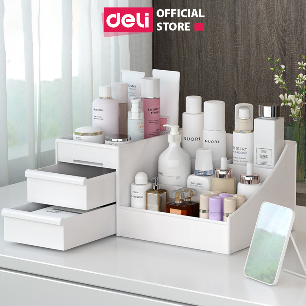 [Tặng sticker]Kệ đựng mỹ phẩm nhựa dày loại 1 nhiều tầng để bàn Deli, khay đựng đồ trang điểm đa năng có hộp ngăn kéo tiện lợi