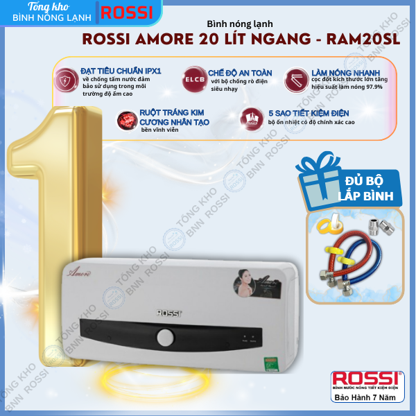 Bình nóng lạnh gián tiếp Rossi Amore 20 Lít Ngang, RAM20SL- Bảo hành 7 năm, hàng chính hãng Tân Á Đại Thành