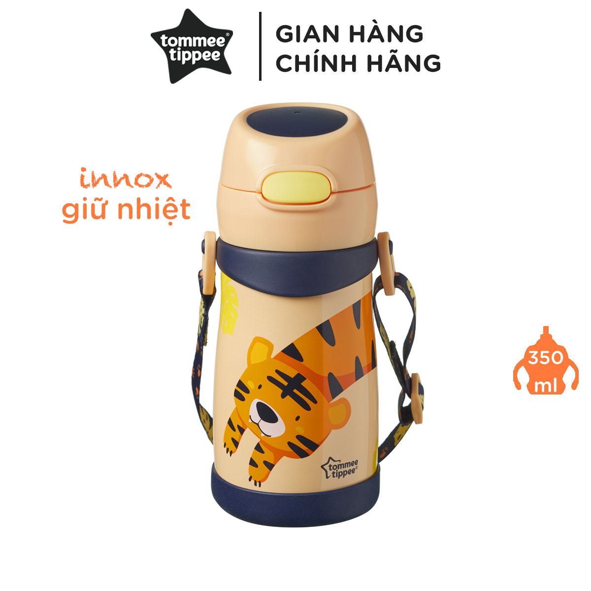 Bình uống nước Inox giữ nhiệt có ống hút và quai treo cho bé Tommee Tippee 350ml từ 18 tháng