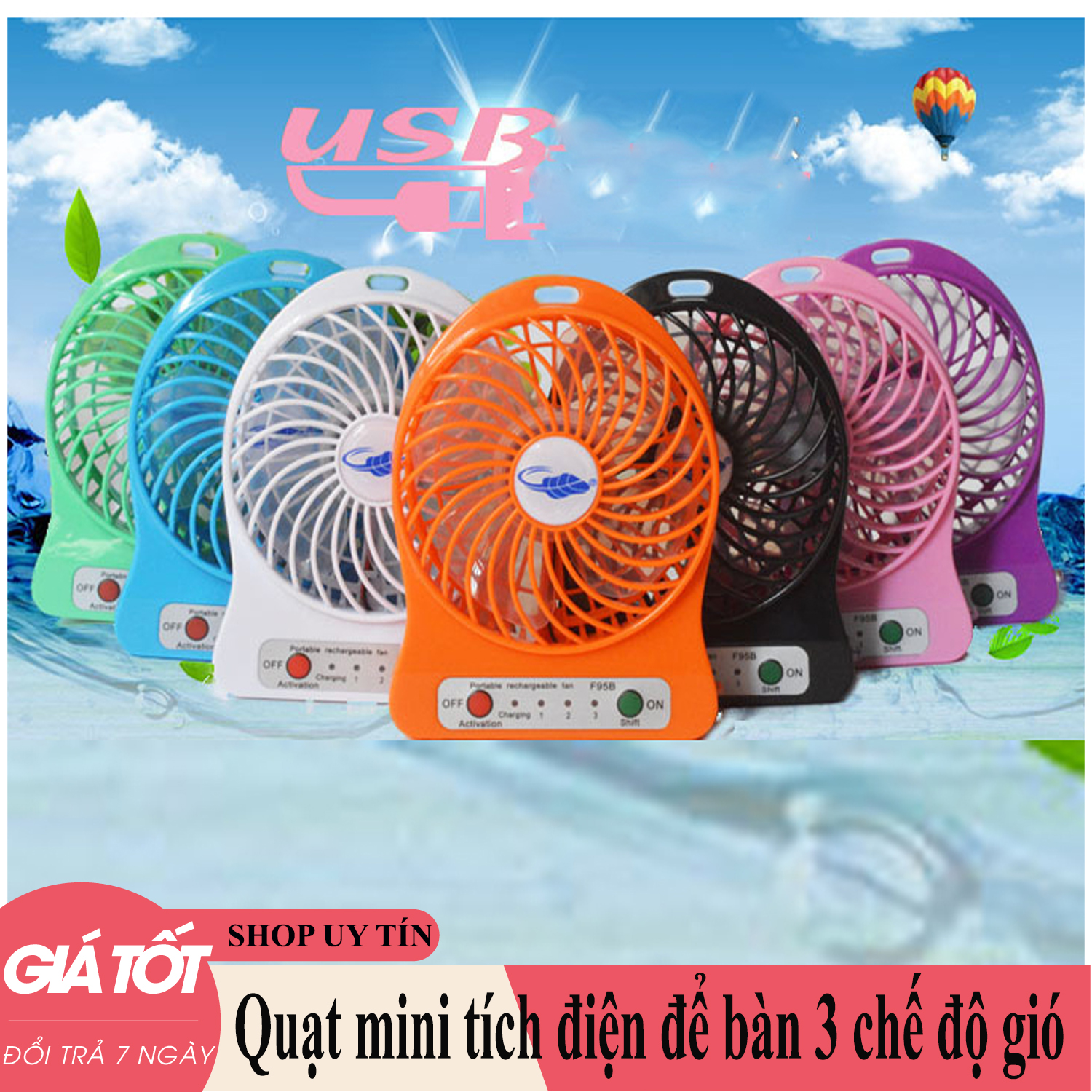 Quạt Mini Cầm Tay Du Lịch Có Pin Sạc Tích Điện Tuỳ Chỉnh 3 Cấp Độ Siêu Mát (Màu cam), Quạt sạc mini 3 số có đèn LED tiện dụng (Cam)