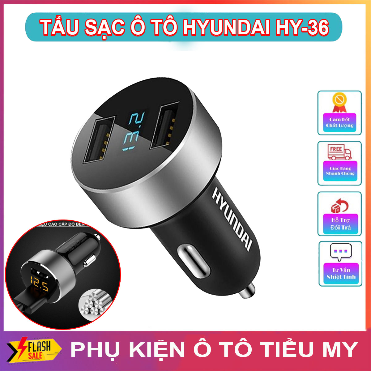 Tẩu sạc ô tô xe hơi Hyundai HY-36 chính hãng báo điện áp với 2 cổng USB