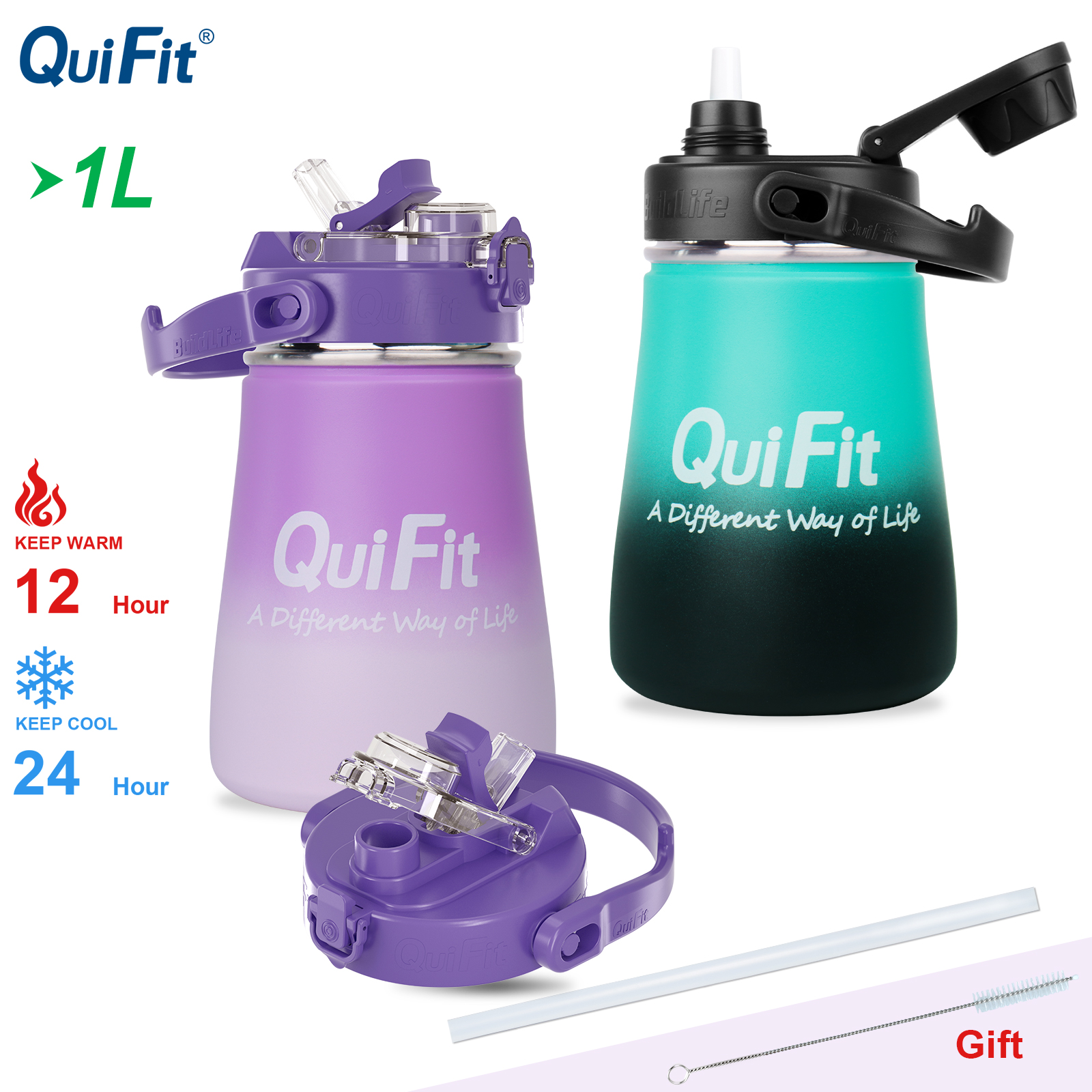 QuiFit 1000ml Bình nước bằng thép không gỉ với ống hút 18/8 304 Cấp thực phẩm BPA Miễn phí cách nhiệt hai vách Bình chân không Bình giữ nhiệt Bình giữ nhiệt Bình giữ nhiệt nóng và lạnh Bình đựng cà phê Uống di động Bình giữ nhiệt Cốc đựng nước Tumbler