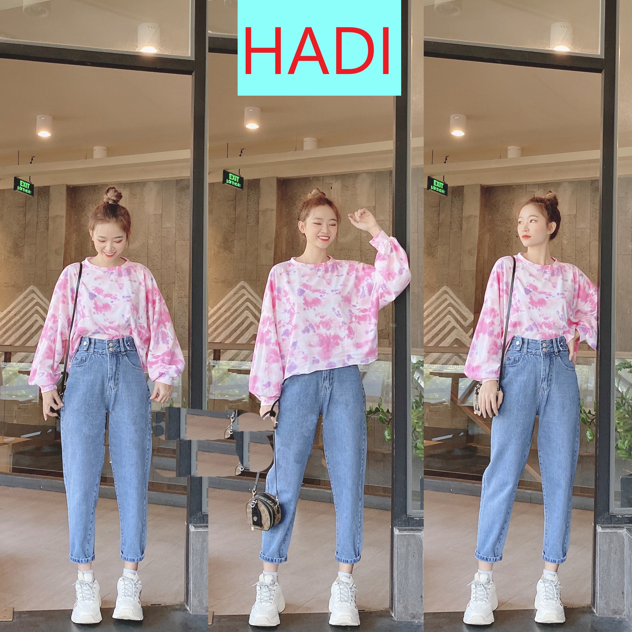 Quần baggy jean nữ lưng cao 2 nút 2 đai màu xanh nhạt siêu hot siêu cá tính hadi