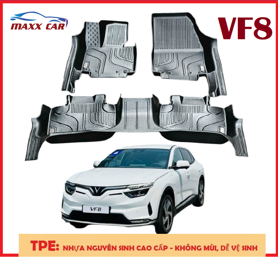 VF8: Thảm lót sàn MAXXCAR cho xe VINFAST VF8 nhựa TPE đúc nguyên khối 5D tràn viền. Chính hãng