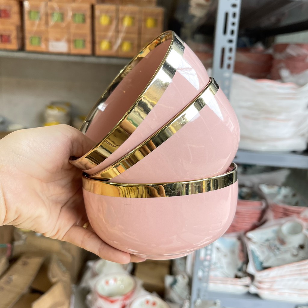 Bát ăn cơm hồng viền vàng bộ bát đĩa decor bộ chén dĩa sứ dễ thương