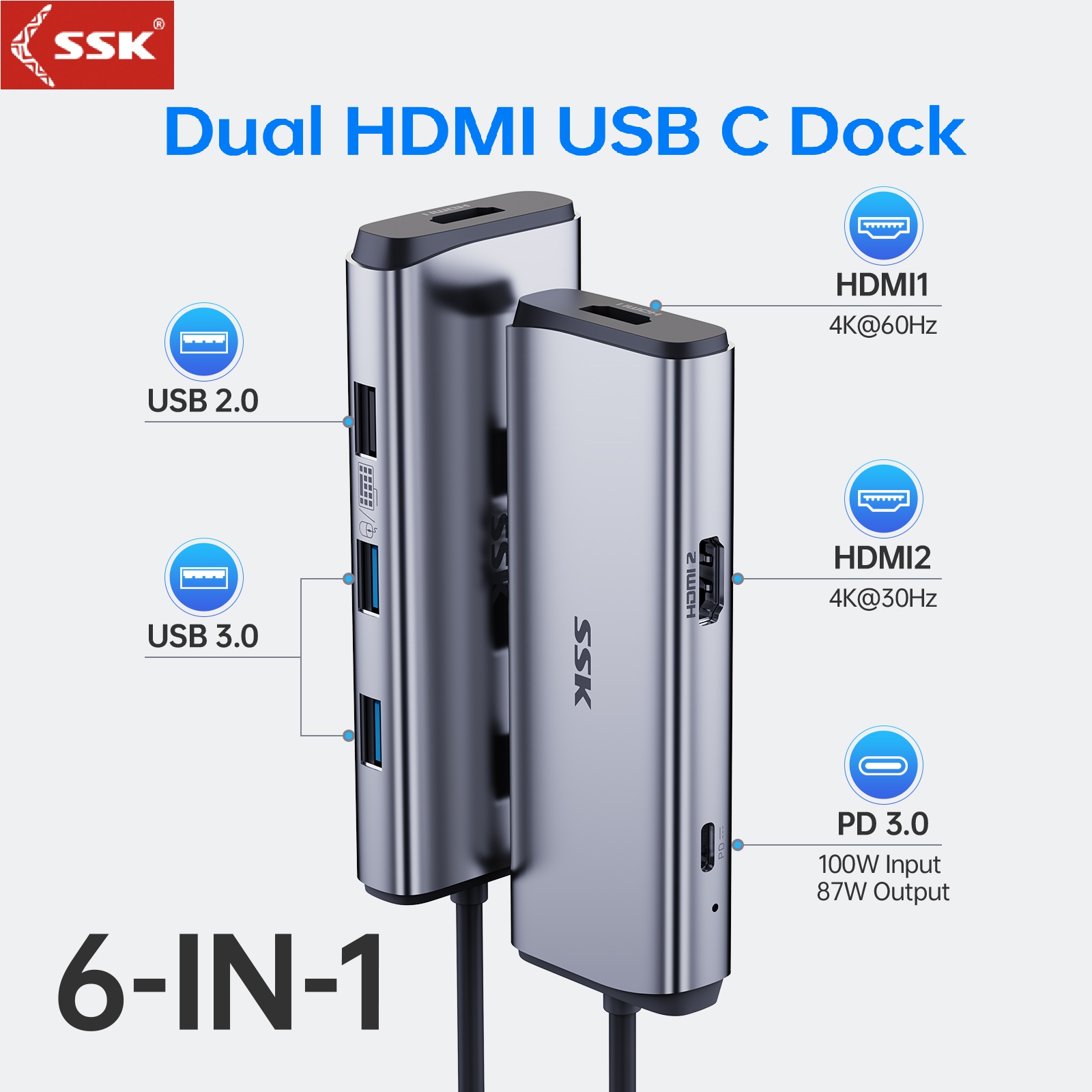 SSK SC216 Dual HDMI USB C Docking Station 4K HDMI HUB 100W PD Powered