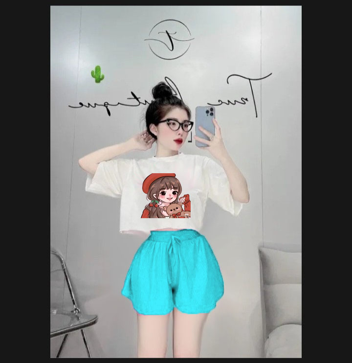 Bộ ngủ áo croptop cô gái 3d mũ đỏ kèm quần giả váy chất cotton size từ 9 đến 65kg BIBOSHOP