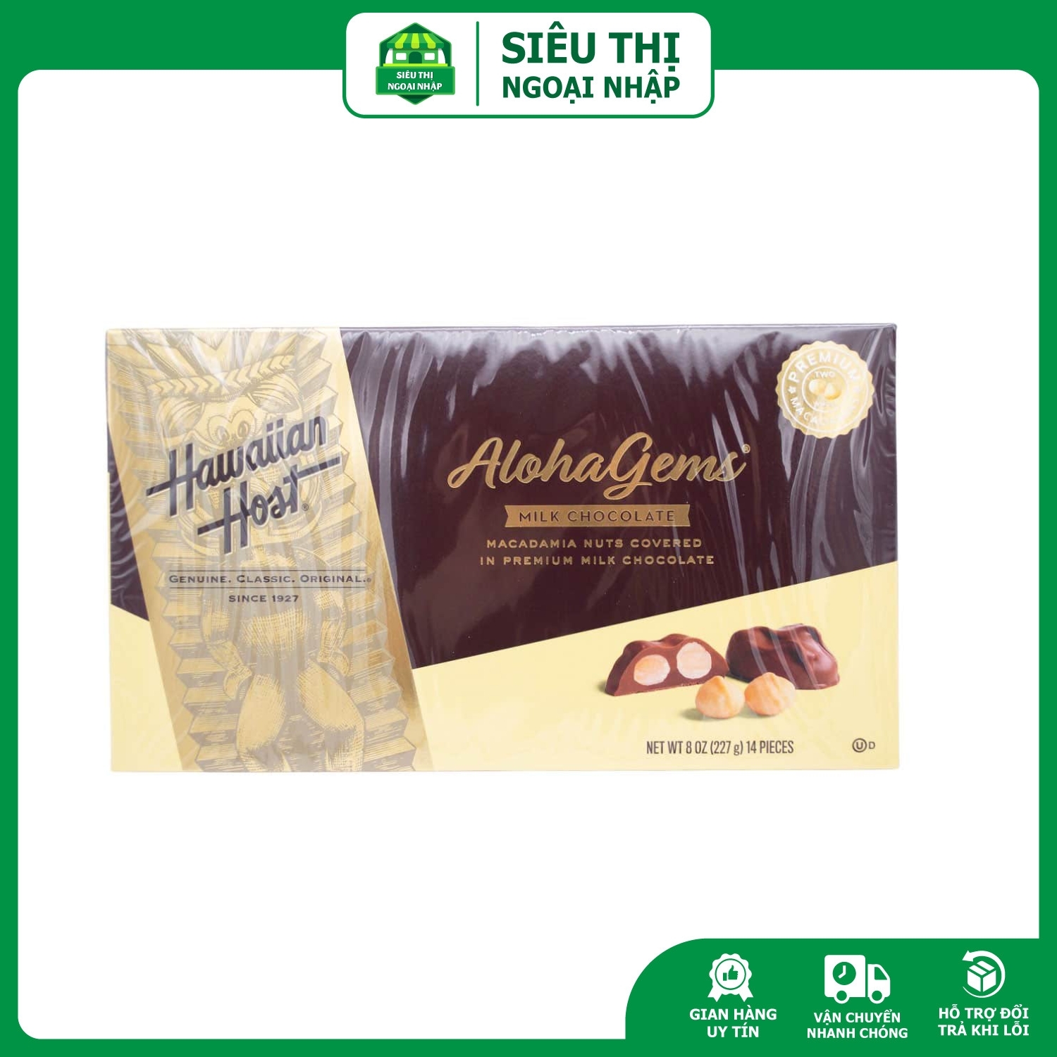 Socola nhân Maca 1 hộp 3 vỉ - Hawaiian Host Aloha Gems Macadamia Milk Chocolate