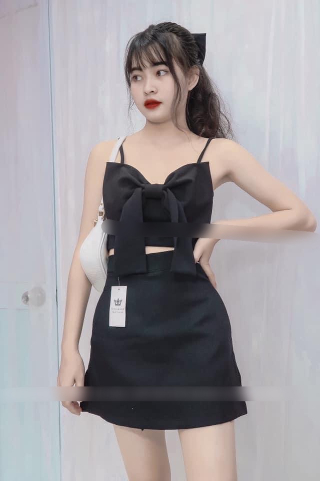 [HCM]Set áo hai dây đính nơ to phối chân váy chữ A kèm quần - set đồ siêu quyến rũ