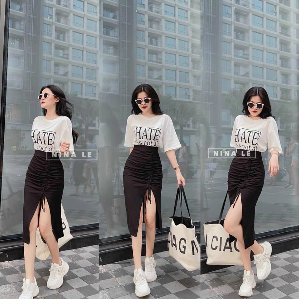 Sét bộ nữ áo thun kèm chân váy rút dây xẻ tà
