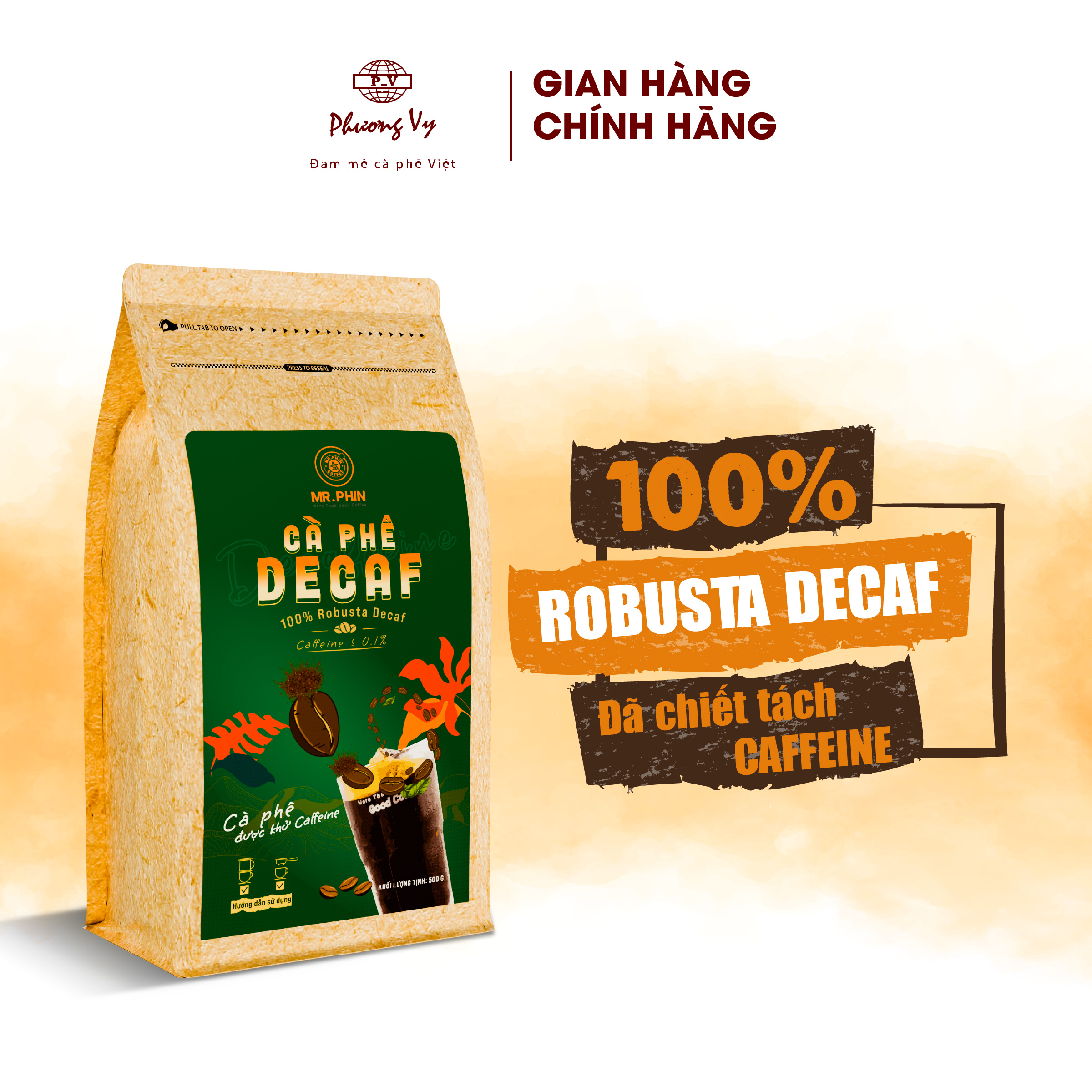 Cà Phê Nguyên Chất Robusta Decaf cao cấp 500g, dành cho người nhạy cảm caffeine, không lo mất ngủ, Mr. Phin Coffee