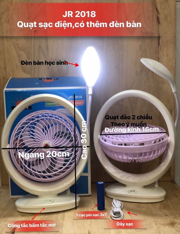 Quạt sạc để bàn có đèn led đa năng jr - 2018 quạt sạc tích điện có đèn led để bàn 2 trong 1 xoay tự động