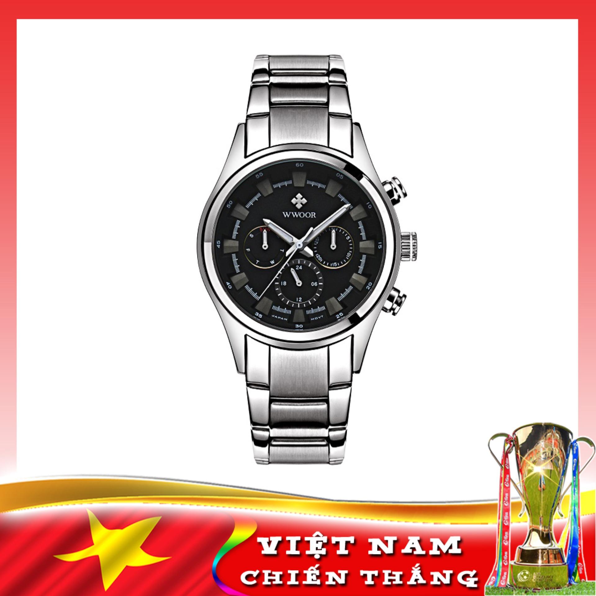 Đồng hồ thời trang nam WWOOR 8815 dây trắng mặt đen, sang trọng và lịch sự, tặng pin đồng hồ đeo tay SONY 626 JAPAN