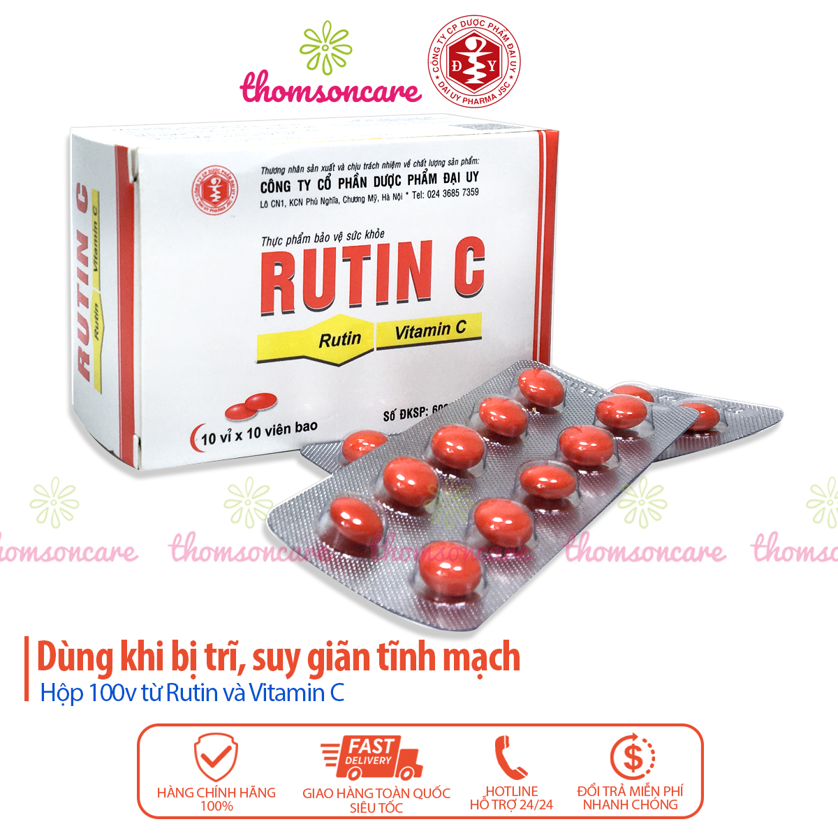 Rutin C Đại Uy - bổ sung vitamin C giúp tăng cường sức đề kháng phòng ngừa nhiệt miệng táo bón - Hộp 100 viên