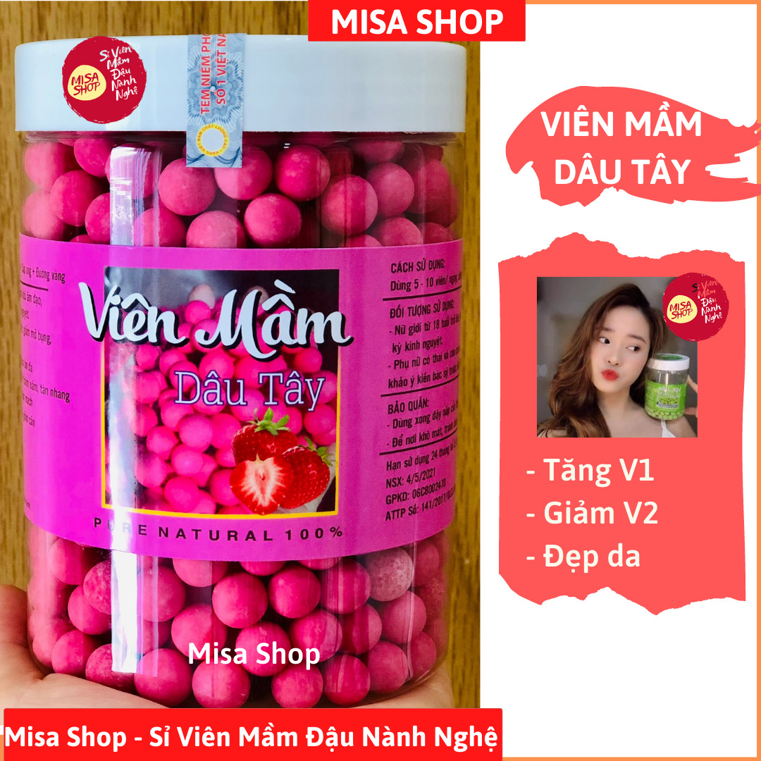 [MIỄN SHIP] Hộp 500gr viên mầm đậu nành dâu tây, viên mầm dâu (kẹo mầm) - Misa Shop