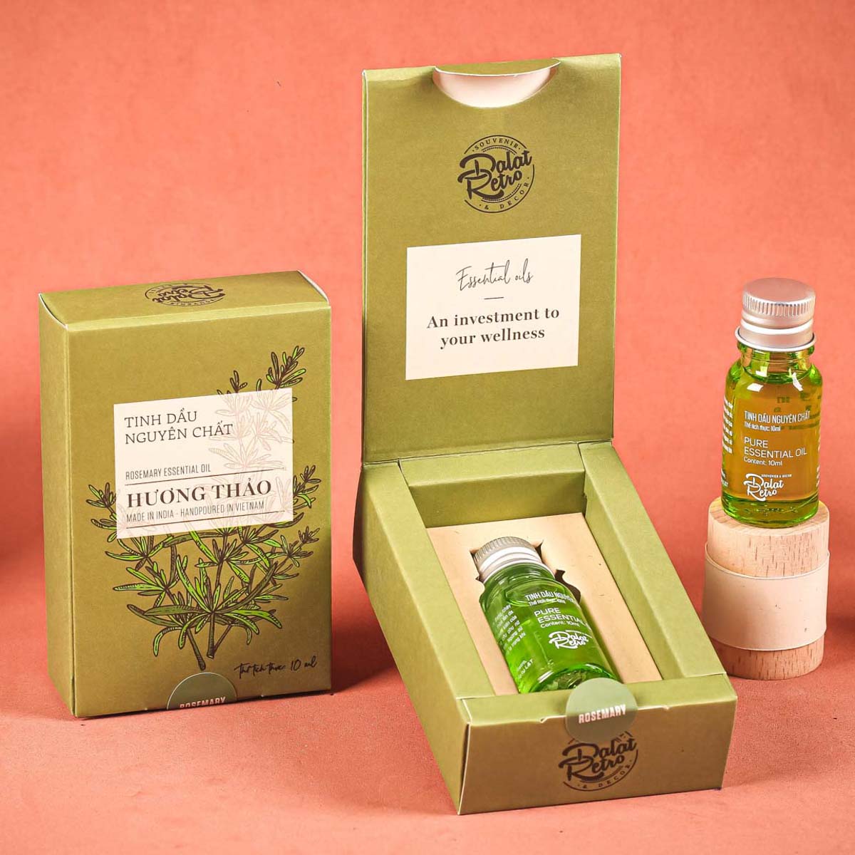 Tinh dầu nguyên chất, hương thảo rosemary, 10ml, hộp, mẫu minimal, Dalat Retro