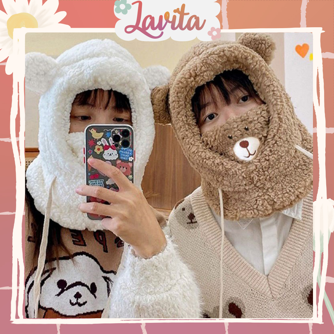 Mũ len nữ ấm lông cừu phong cách hàn quốc hình gấu dễ thương, ấm áp với mặt nạ