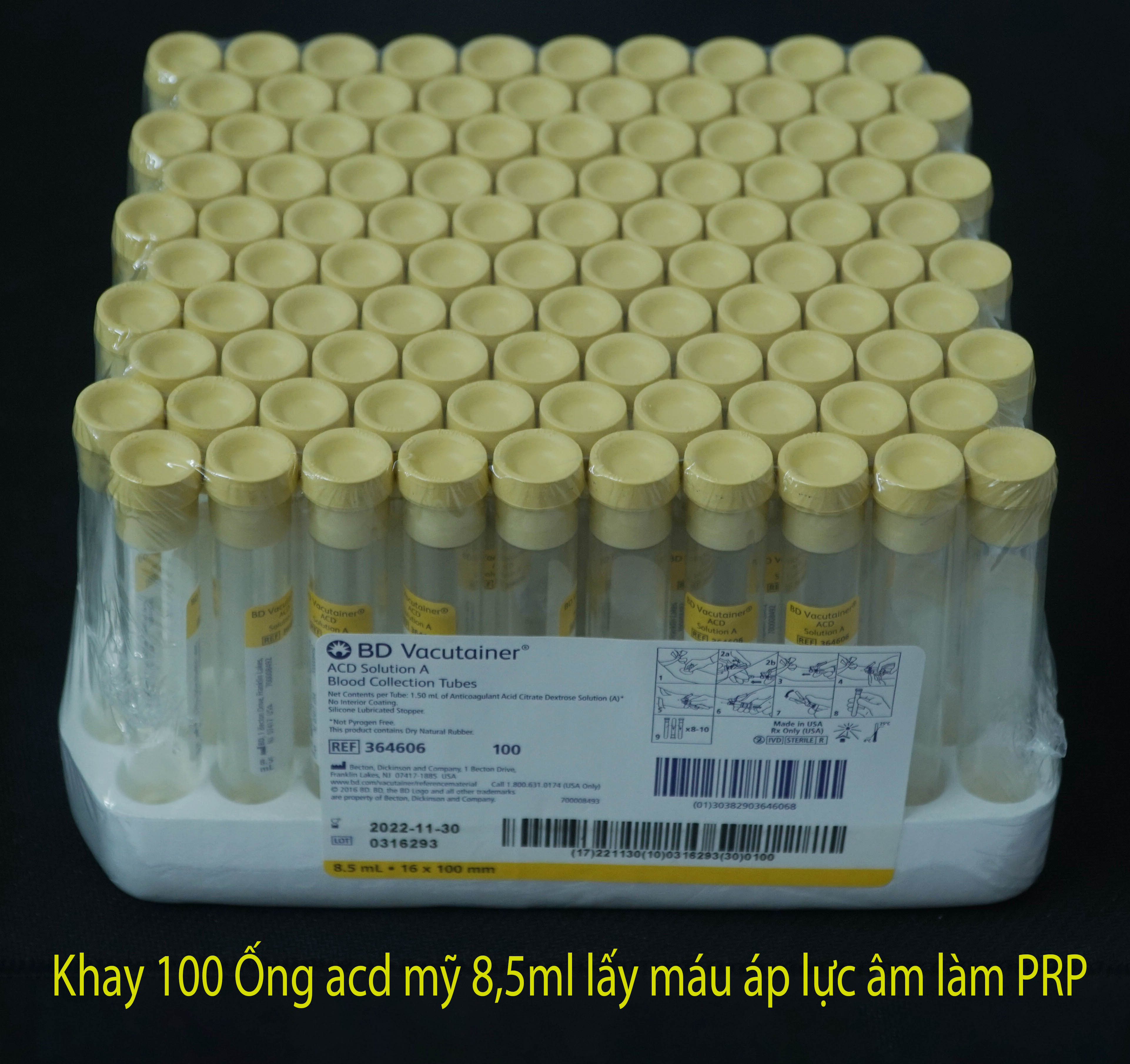 Khay 100 ống acd mỹ 8,5ml lấy máu áp lực âm làm prp